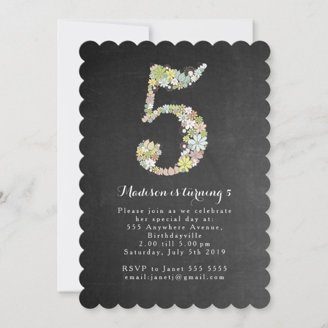 Chalkboard Girls Floral 5th Birthday Party Invite (Front)
