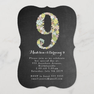 Chalkboard Girls Floral 9th Birthday Party Invite