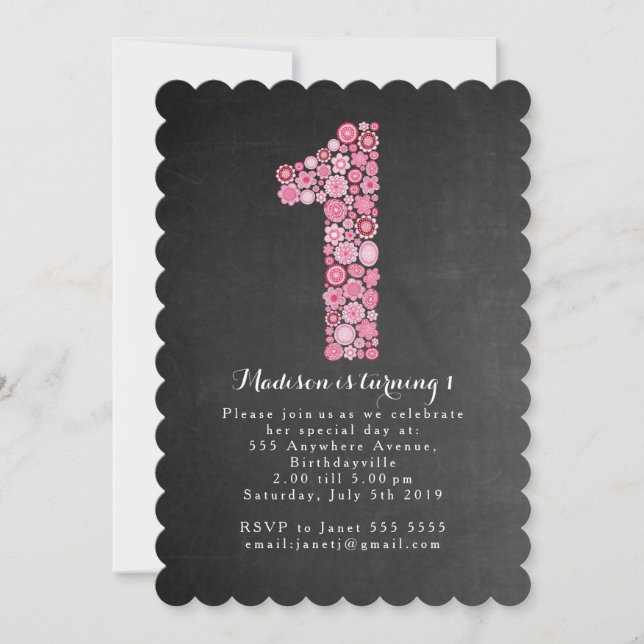 Chalkboard Girls Pink Floral 1st Birthday Party Invitation (Front)