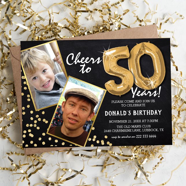 Chalkboard Gold Balloons 2 Photo 50th Birthday Invitation (Creator Uploaded)