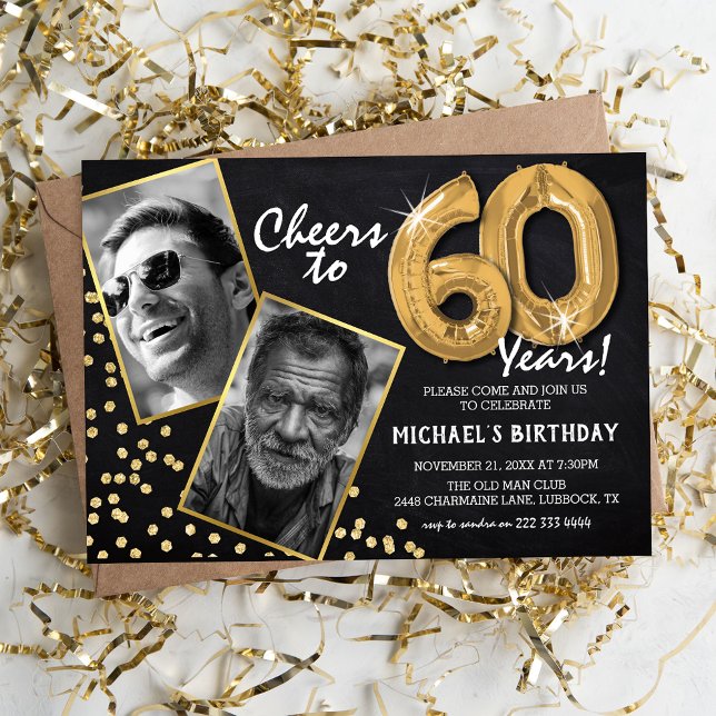 Chalkboard Gold Balloons 2 Photo 60th Birthday Invitation (Creator Uploaded)