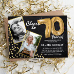 Chalkboard Gold Balloons 2 Photo 70th Birthday Invitation<br><div class="desc">Celebrate the milestone of stepping into the magnificent 70s with these unique 'Chalkboard Gold Balloons 70th Birthday Invitations'. Enriched with a rustic chalkboard background and shimmering faux gold glitter flecks, these invites exude vintage charm and modern elegance. Upload a then-and-now photo of the birthday star and customise the easy-to-use template...</div>