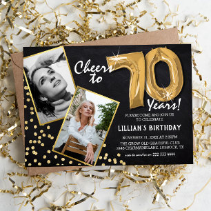 Chalkboard Gold Balloons 2 Photo 70th Birthday Invitation