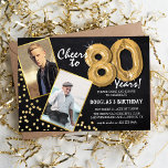 Chalkboard Gold Balloons 2 Photo 80th Birthday Invitation<br><div class="desc">Celebrate the milestone of stepping into the magnificant 80s with these unique 'Chalkboard Gold Balloons 80th Birthday Invitations'. Enriched with a rustic chalkboard background and shimmering faux gold glitter flecks, these invites exude vintage charm and modern elegance. Upload a then-and-now photo of the birthday star and customise the easy-to-use template...</div>