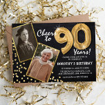 Chalkboard Gold Balloons 2 Photo 90th Birthday Invitation<br><div class="desc">Celebrating the BIG 90! These invites allow you to upload a before and after photograph of the birthday man or woman in a gold frame, with the title 'Cheers to 90 Years!'. Featuring a rustic chalkboard background, gold number helium balloons, faux gold glitter flecks and a simple birthday party template...</div>