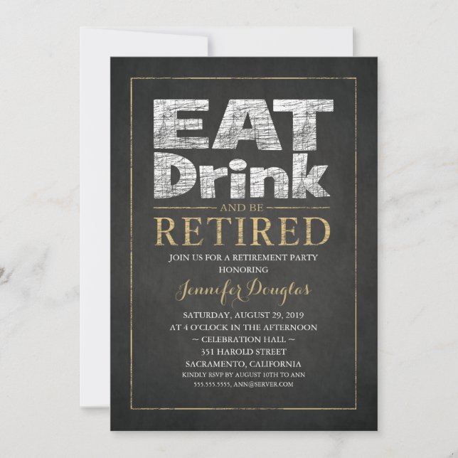 Chalkboard Gold Effect Feminine Retirement Party Invitation (Front)