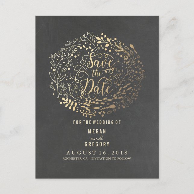 chalkboard gold floral bouquet save the date announcement postcard (Front)