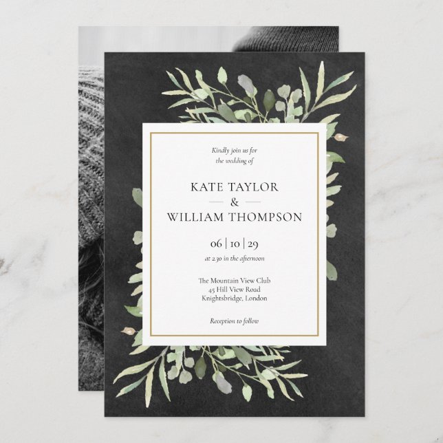 Chalkboard Gold Geometric Greenery Photo Wedding Invitation (Front/Back)