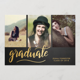 Chalkboard Gold Graduate Script   Three Photo Invitation