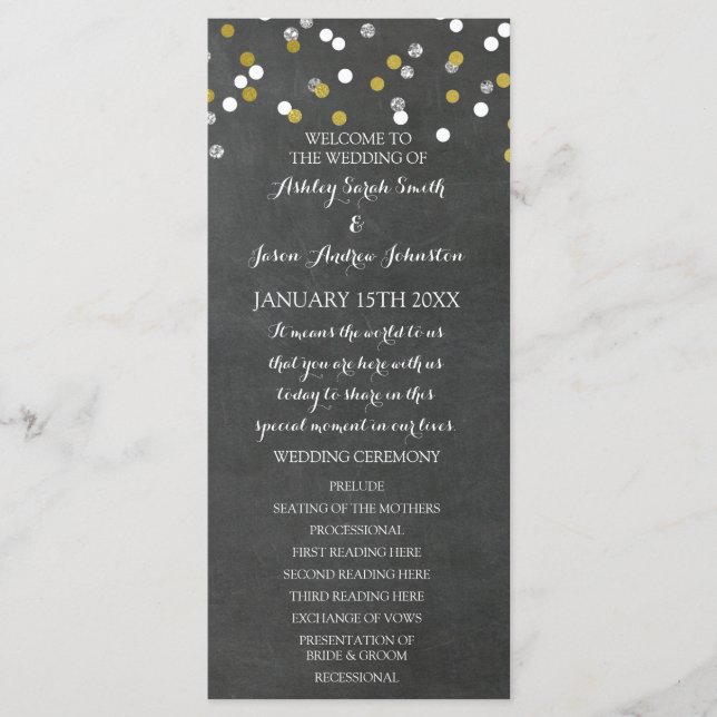 Chalkboard Gold Silver Confetti Wedding Program Programme (Front)