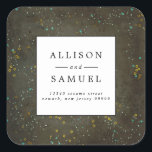 Chalkboard Gold Silver Star Wedding Return Address Square Sticker<br><div class="desc">A beautiful dark template for the DIY Bride. The background of the return address label displays the handmade stars and constellations. The simple and minimalist text begins with your names in all capitals. Your address is in italics and mixes caps and non-caps all on a plain white square outlined in...</div>