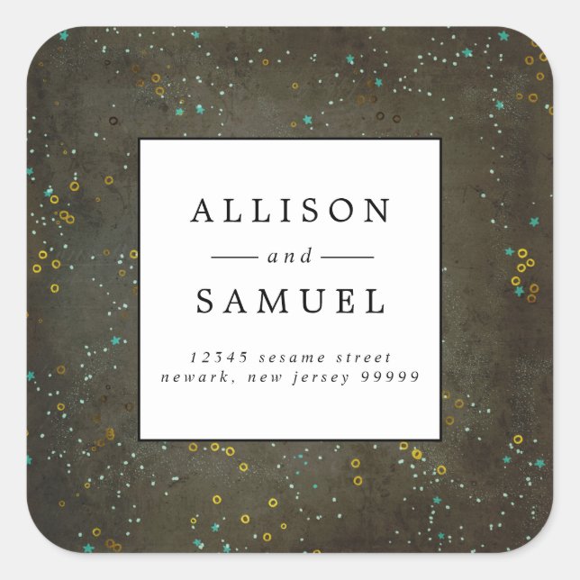 Chalkboard Gold Silver Star Wedding Return Address Square Sticker (Front)