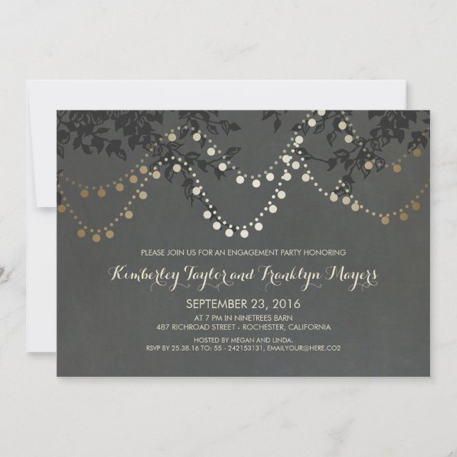 Chalkboard Gold String Lights Engagement Party Invitation (Front)