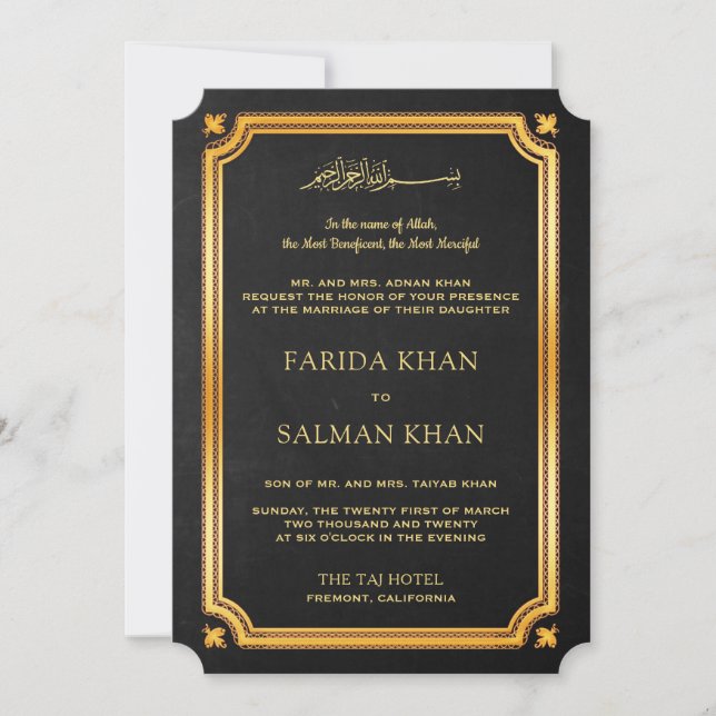 Chalkboard Gold Traditional Islamic Muslim Wedding Invitation (Front)