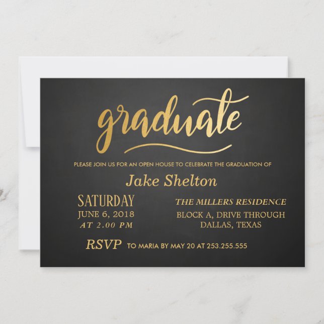 Chalkboard Gold Typography Open House Graduation Invitation (Front)