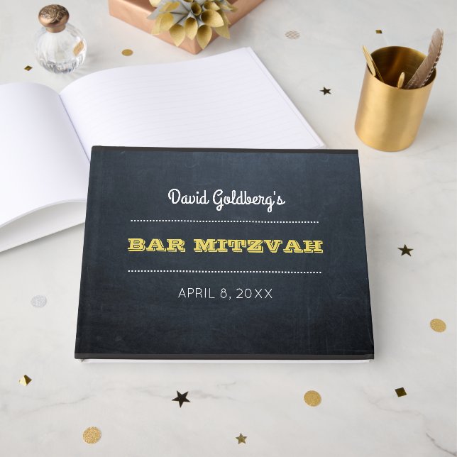 Chalkboard Golden Bar Mitzvah Guest Book (Front Open)