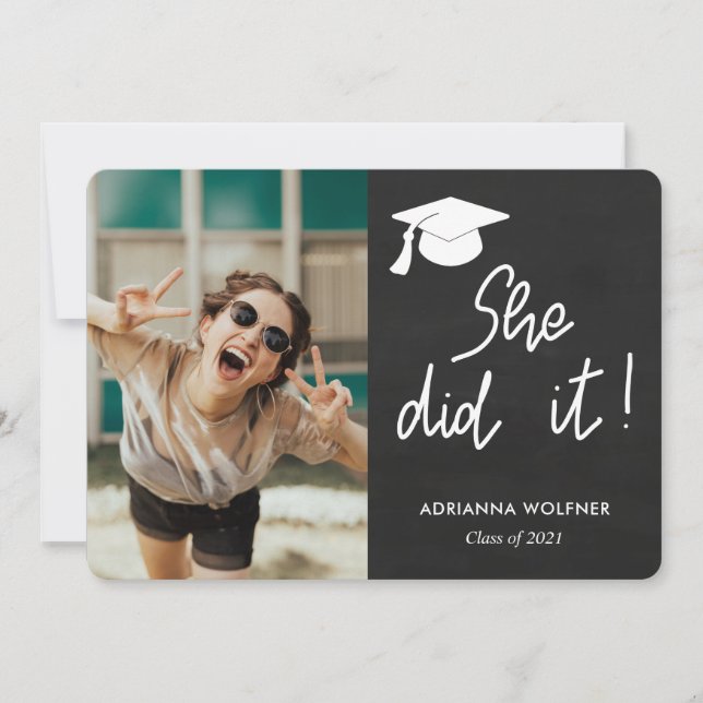 Chalkboard Graduate She Did It Photo Invitation (Front)