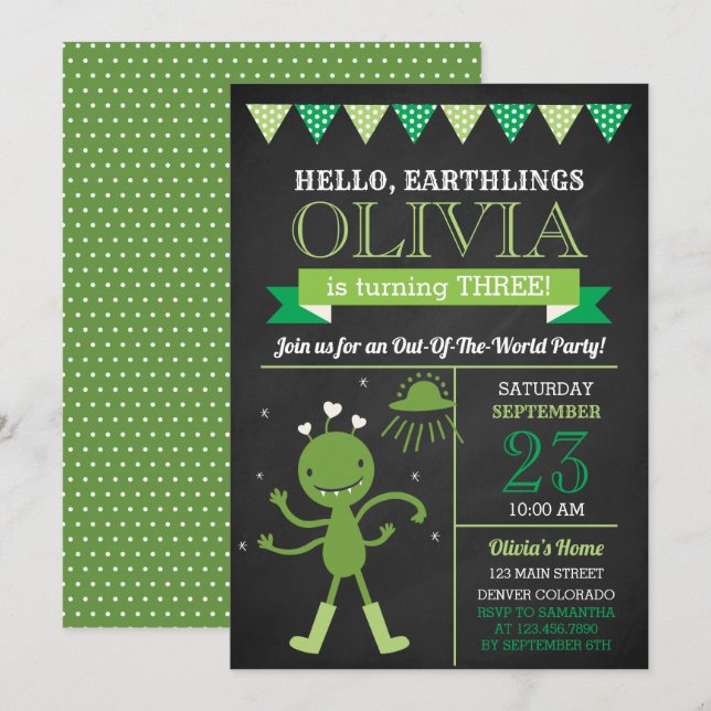 Chalkboard Green Alien Birthday Party Innvitation Invitation (Front/Back)