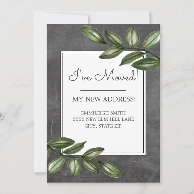 Chalkboard Green Leaves Change Address Invitation (Front)