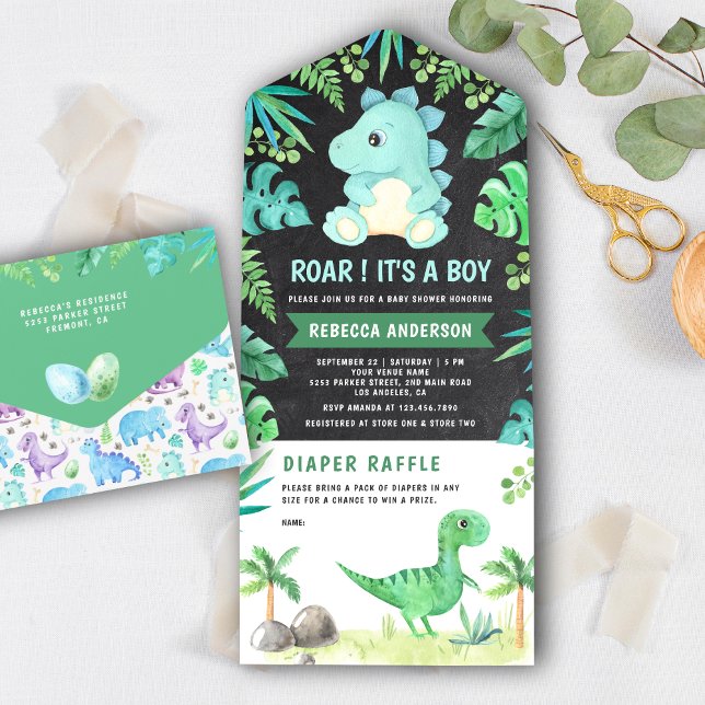 Chalkboard Greenery Cute Teal Dinosaur Baby Shower All In One Invitation (Creator Uploaded)