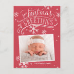 Chalkboard Greetings Collection Holiday Postcard<br><div class="desc">This elegant and chic photo holiday postcard features hand lettered artwork and snowflakes on a festive red background. Add your return address to the back and a custom message.</div>