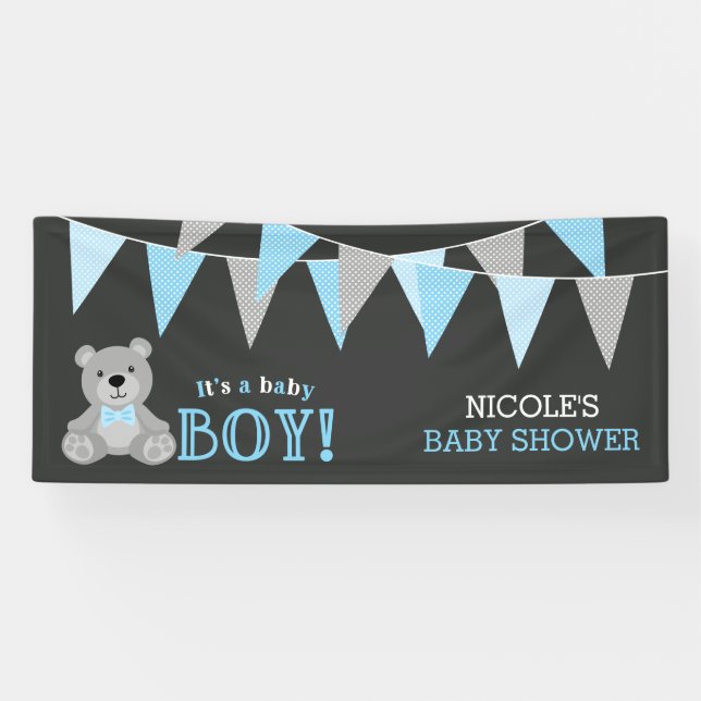 Chalkboard Grey Teddy Bear Boy Baby Shower Banner (Horizontal)