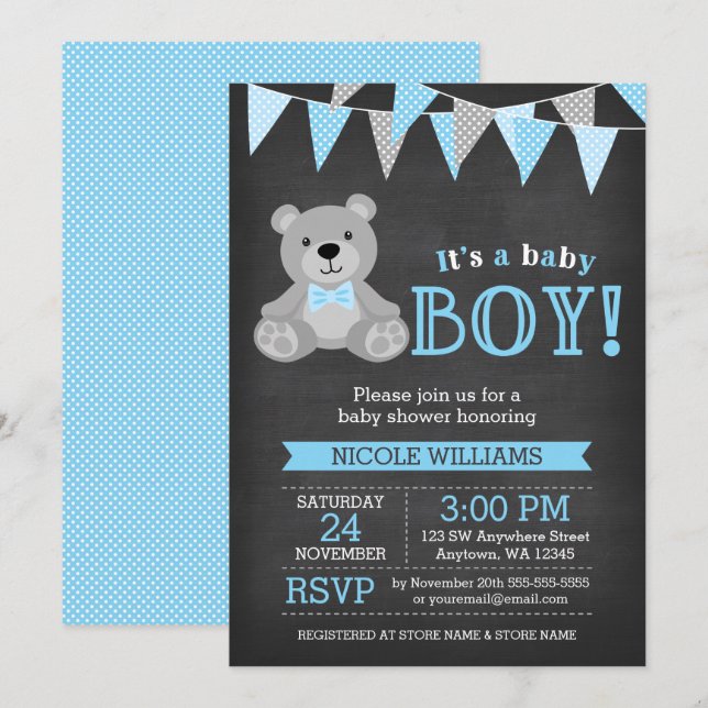 Chalkboard Grey Teddy Bear Boy Baby Shower Invitation (Front/Back)
