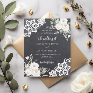 Chalkboard grey white lace wedding invitation