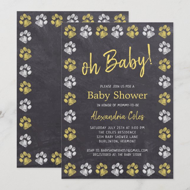 Chalkboard Grey Yellow Paw Print Baby Shower Invitation (Front/Back)