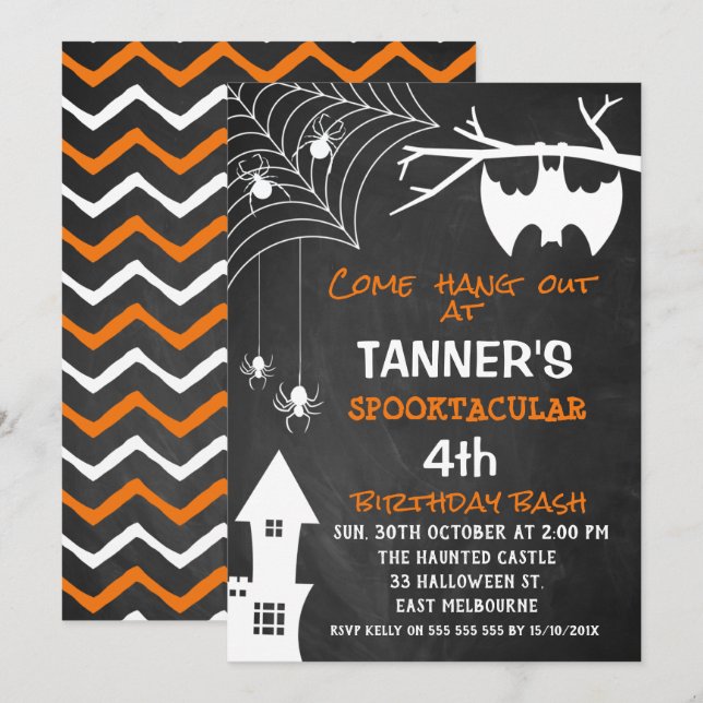 Chalkboard Halloween Bat Birthday Invitation (Front/Back)
