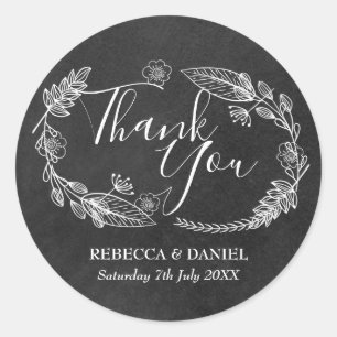 Chalkboard Hand-drawn Floral Garland Thank You Classic Round Sticker