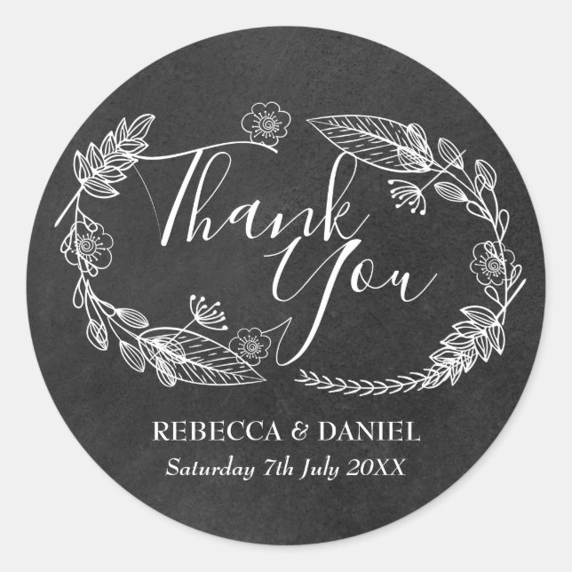 Chalkboard Hand-drawn Floral Garland Thank You Classic Round Sticker (Front)