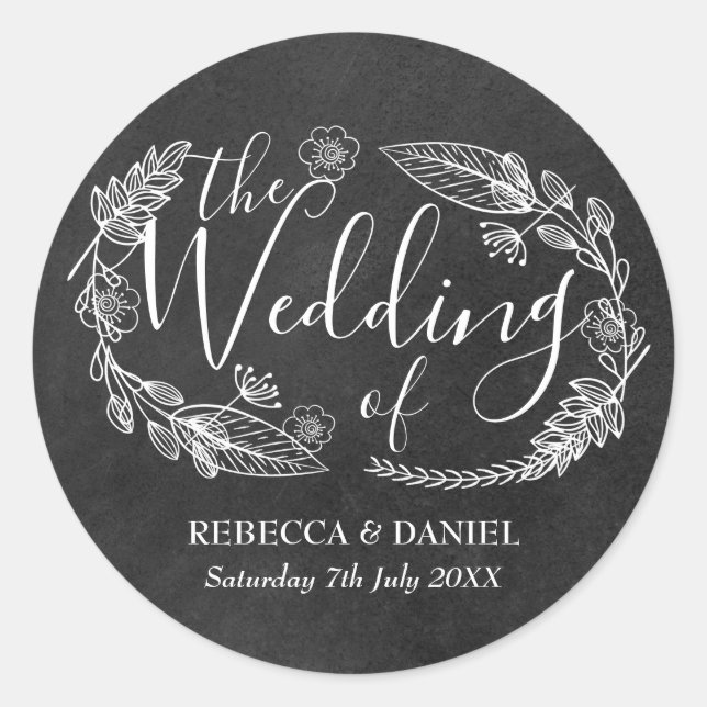 Chalkboard  Hand-drawn Floral Garland Wedding Classic Round Sticker (Front)