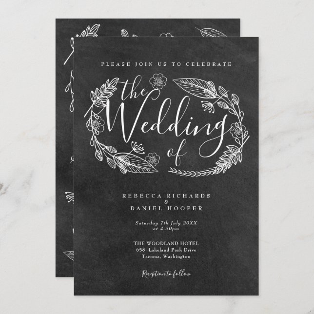Chalkboard Hand-drawn Floral Garland Wedding Invitation (Front/Back)