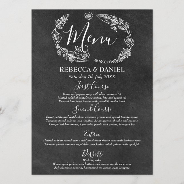 Chalkboard Hand-drawn Floral Garland Wedding Menu (Front)