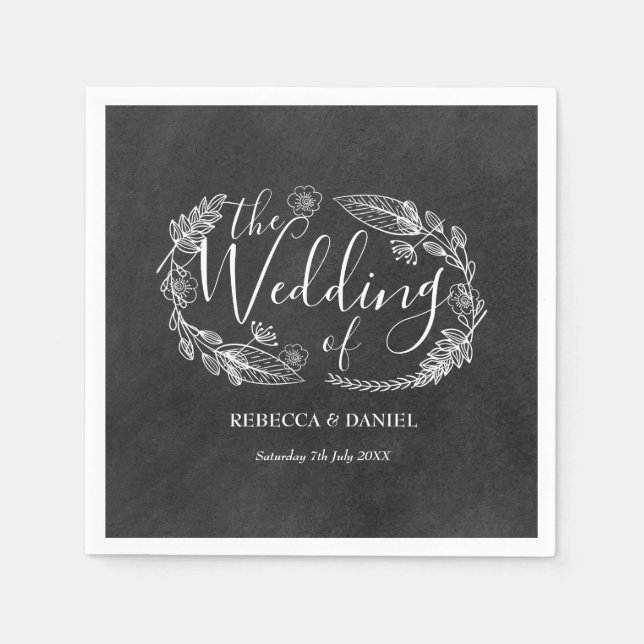 Chalkboard Hand-drawn Floral Garland  Wedding Napkin (Front)