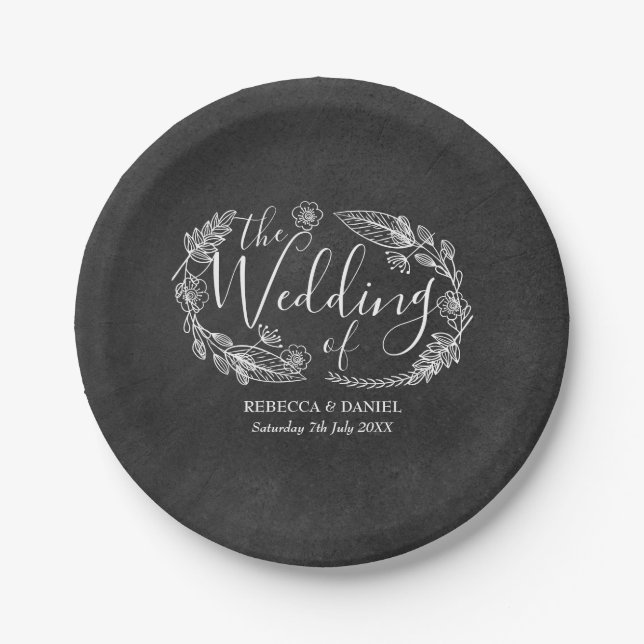 Chalkboard  Hand-drawn Floral Garland  Wedding Paper Plate (Front)