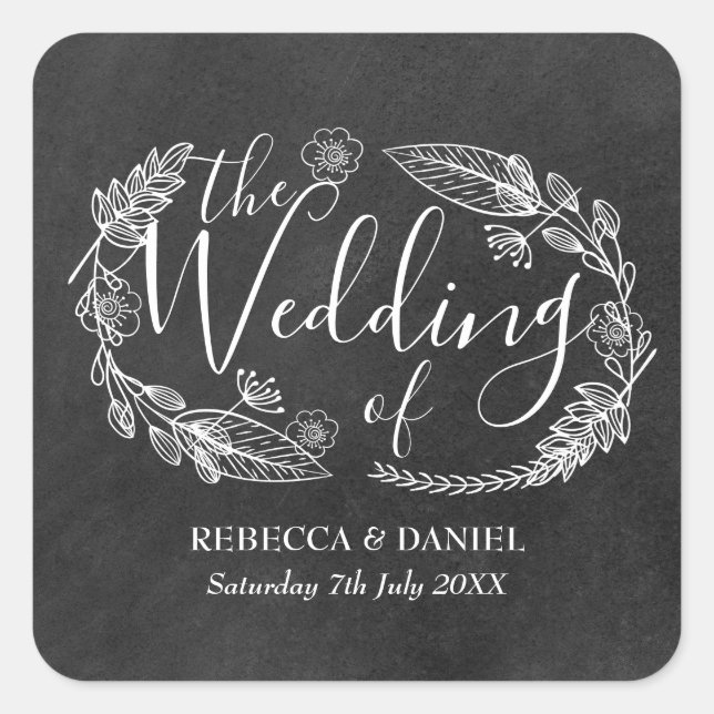 Chalkboard Hand-drawn Floral Garland Wedding Square Sticker (Front)