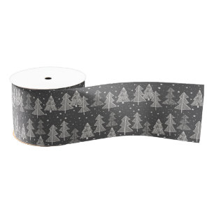Chalkboard Handdrawn Christmas Trees Snowing Grosgrain Ribbon