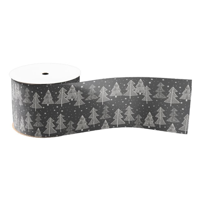 Chalkboard Handdrawn Christmas Trees Snowing Grosgrain Ribbon (Spool)