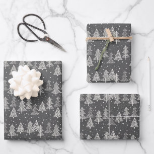 Chalkboard Handdrawn Christmas Trees Snowing Wrapping Paper Sheet