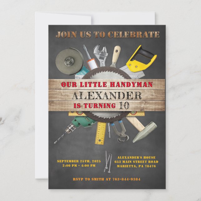 Chalkboard Handyman Tools and Gadgets Birthday  Invitation (Front)