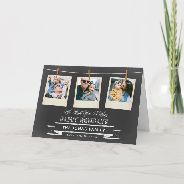Chalkboard Hanging Photos Collage Holiday Card (Front)