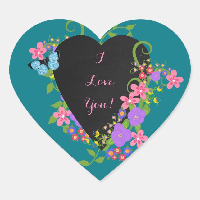 Chalkboard Heart and Flowers, Cute Heart Stickers (Front)