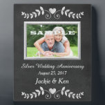 Chalkboard Heart Silver Anniversary Keepsake Plaque<br><div class="desc">Chalkboard images are popular, and this one is especially elegant. Your photograph (black and white or colour) is framed in silver with your custom text and a pretty chalkboard heart swirl emblem on the top and bottom. This makes a wonderful personalised keepsake Silver Anniversary gift.*Thanks to Lilian EllaBoudy Design for...</div>