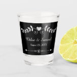 Chalkboard Heart Wedding Celebration Shot Glass<br><div class="desc">This vintage looking wedding celebration shot glass has a pretty silver heart and leaf scroll design at the top,  with your custom text in two fields below it. At the bottom is another decorative design with two opposing arrows.</div>