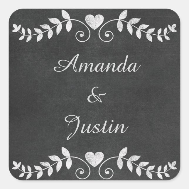 Chalkboard Heart Wedding Personalised Square Sticker (Front)