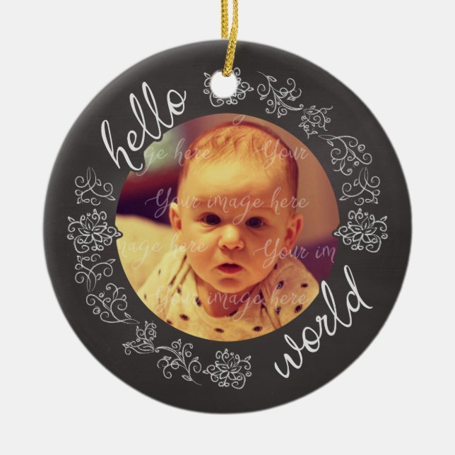 Chalkboard Hello Baby's First Personalised Ceramic Tree Decoration (Front)