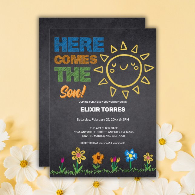 Chalkboard Here Comes The Son Baby Shower Invitation (Creator Uploaded)