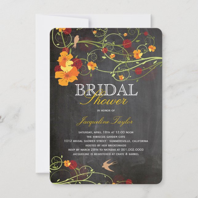 Chalkboard Hibiscus Floral Birds Bridal Shower Invitation (Front)